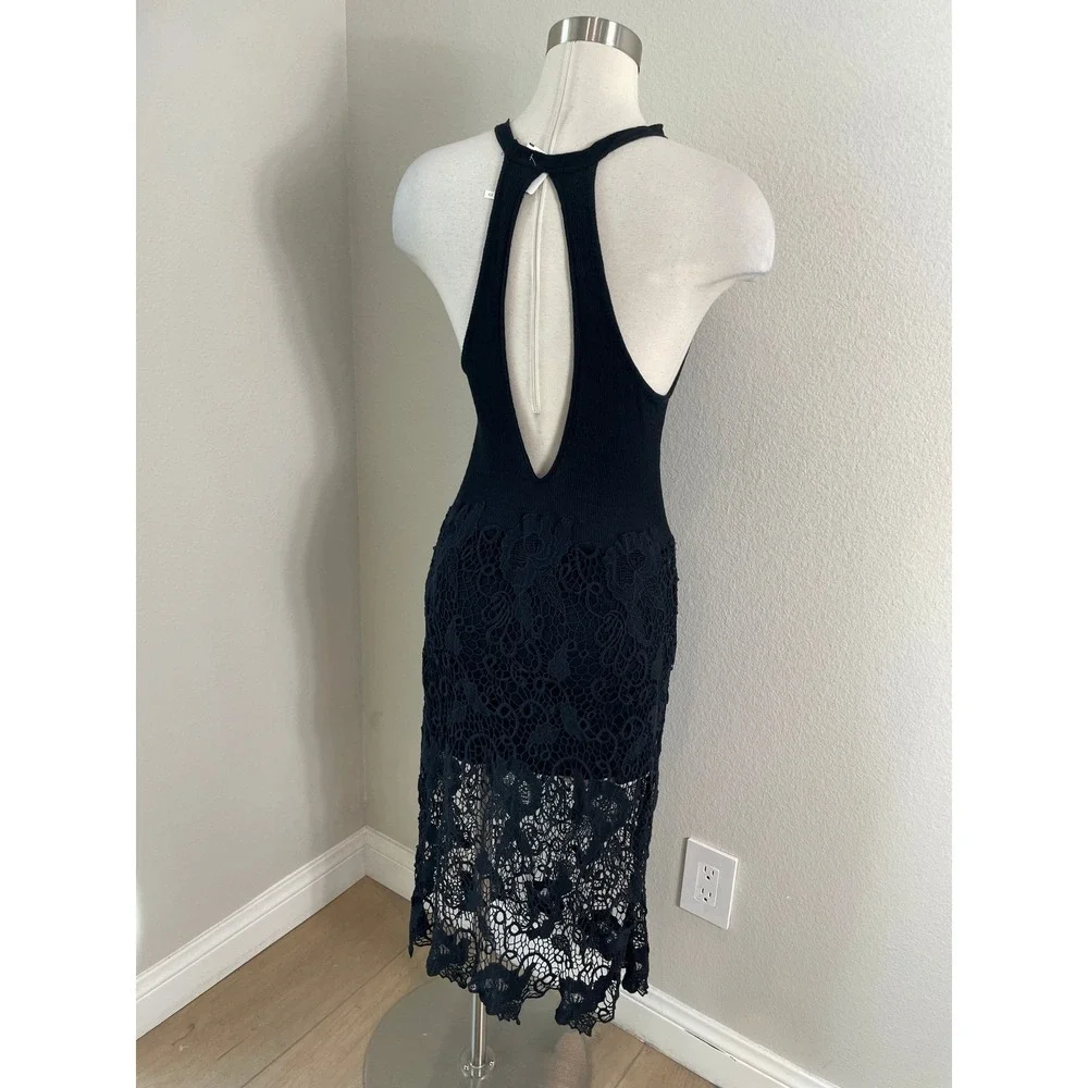NEW Free People Medium Nora Tank Dress Black Knit Floral Lace Midi Festival Boho